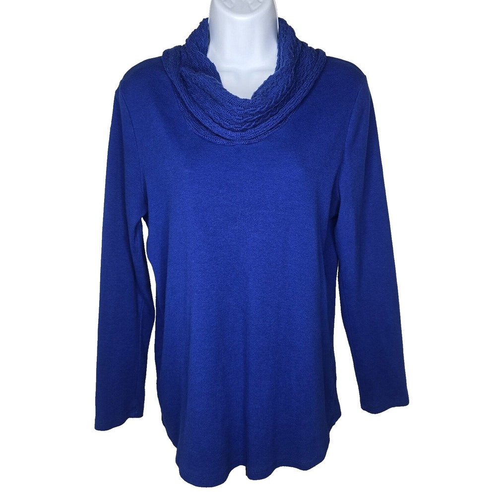 Rafaella Cowl Neck Sweater Womens Large Royal Blue Cable Knit Accent Long Sleeve